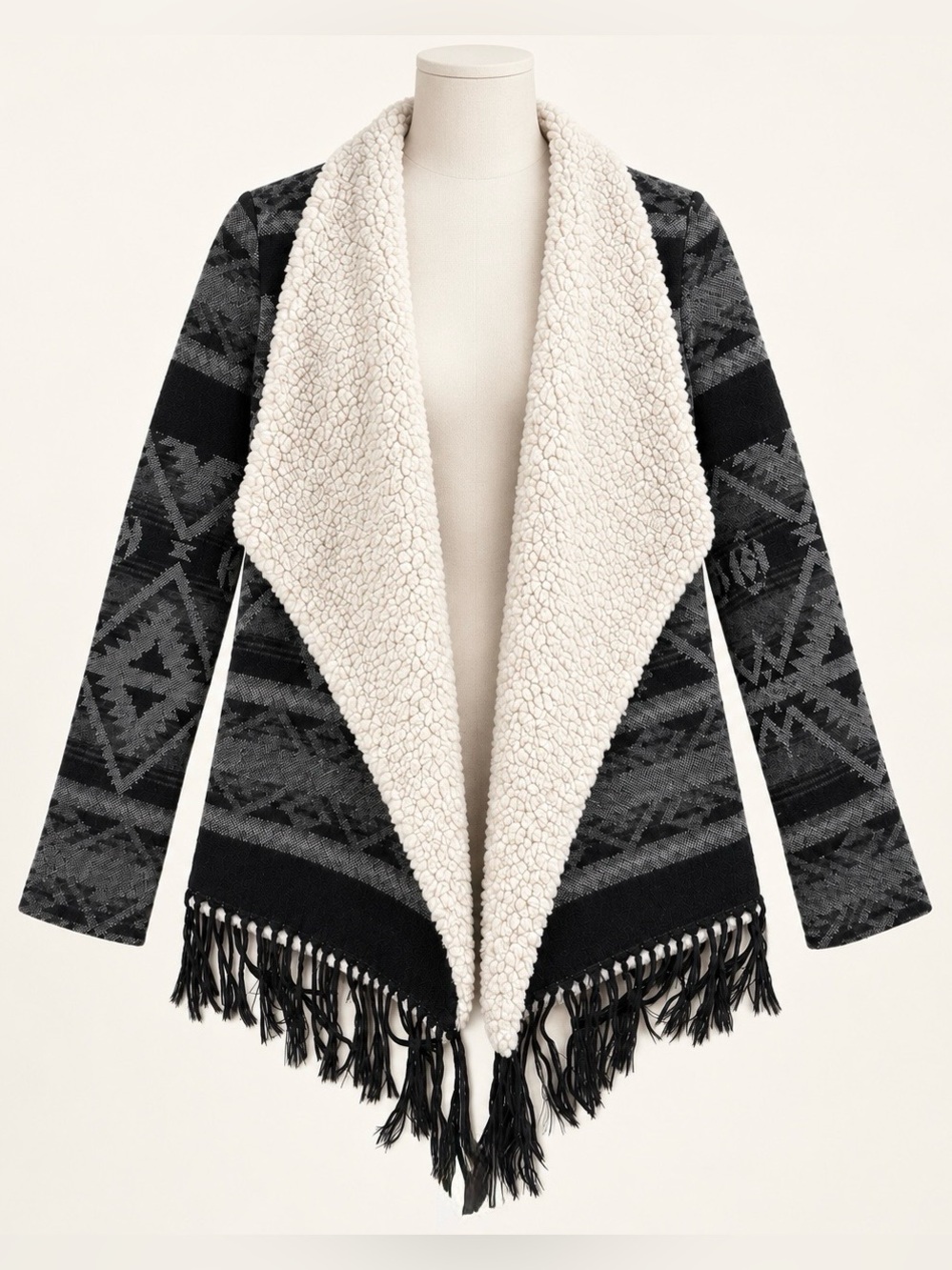 Hollister Sherpa Aztec Southwestern Geometric Wrap Fringe Cardigan Jacket M